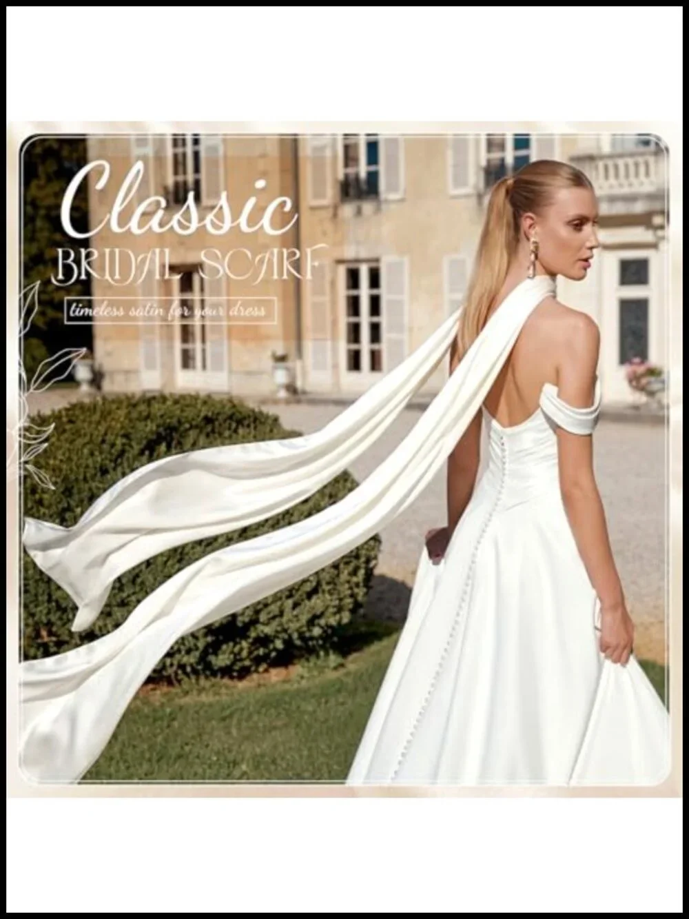 Ivory Satin Tulle Bridal Neck Scarf Detachable Flowing Shawl Necklace Wrap
